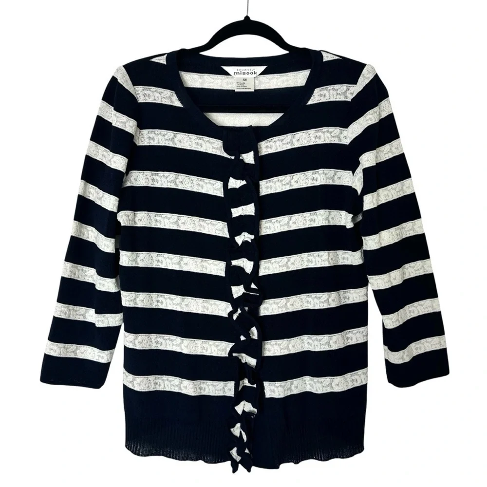 Exclusively Misook Striped Ruffled Cardigan Sweater Women XS Blue White Designer